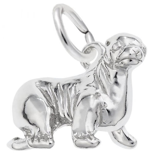 A shiny Sterling Silver Sea Lion Charm by Rembrandt Charms, featuring distinctive details like tusks and flippers. The charm includes a small loop at the top for attaching to a bracelet or necklace. The sea lion is depicted in a sitting position.
