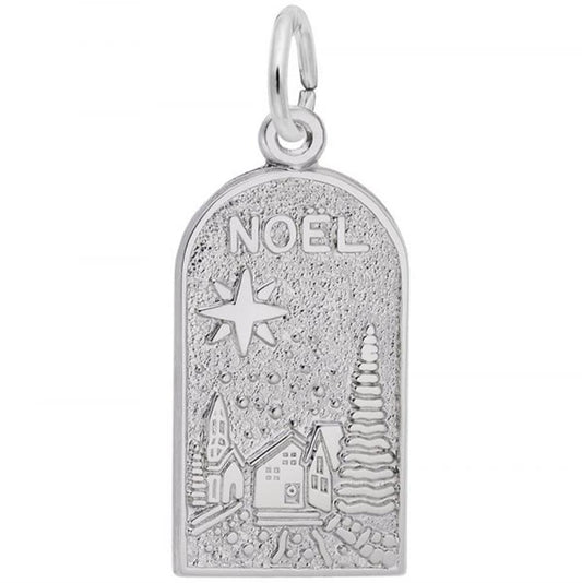 The Rembrandt Charms Sterling Silver Noel Charm features a star, the word "NOEL," and an engraved scene of houses, a church steeple, and a Christmas tree in a snowy landscape. This charm has a smooth arch shape with a small loop for attachment at the top.