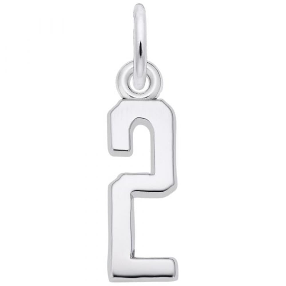 The Rembrandt Charms Number 2 Charm in sterling silver boasts a shiny, smooth, polished surface. Designed with a loop at the top for easy attachment to a chain or bracelet, this charm is an ideal addition to any silver jewelry collection.