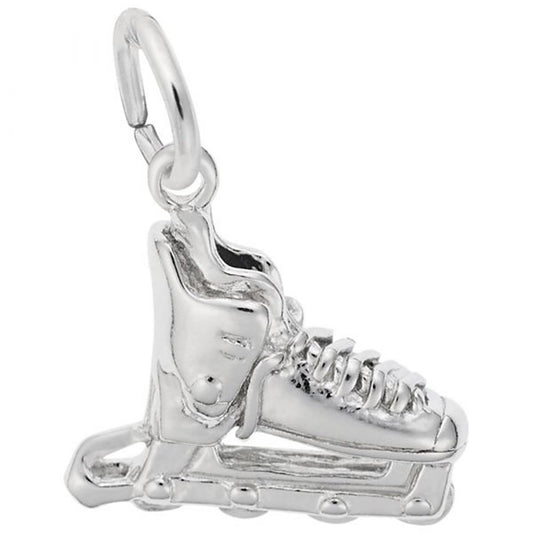 The Inline Skate Rollerblade Charm by Rembrandt Charms is crafted from sterling silver, featuring detailed laces, a sturdy boot, and a blade at the bottom. The charm also includes a loop at the top for easy attachment to a bracelet or necklace. Its intricate design captures the essence of both an ice skate and an inline skate.