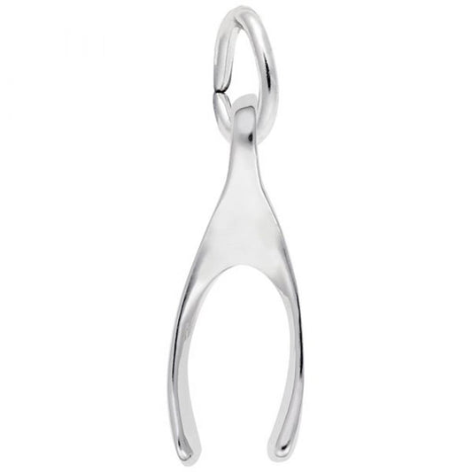 The Rembrandt Charms Wishbone Charm in sterling silver features a sleek, minimalist design with a smooth, polished surface and a ring at the top for easy attachment to a necklace or bracelet.