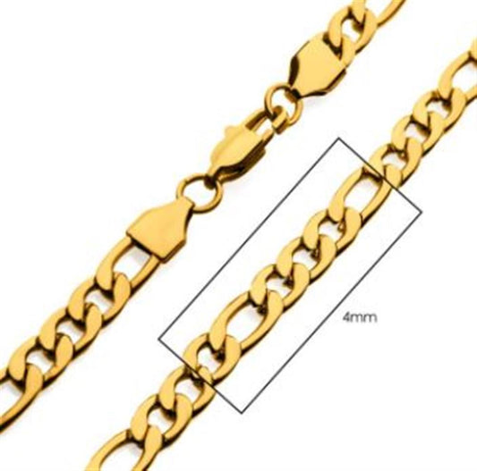 A close-up image of the 4mm 18K Gold Plated Figaro Chain by INOX, featuring a lobster clasp. The 22-inch chain showcases interlinked oval and rectangular links, with a highlighted section within a rectangular box measuring 4mm to display the width of the links.