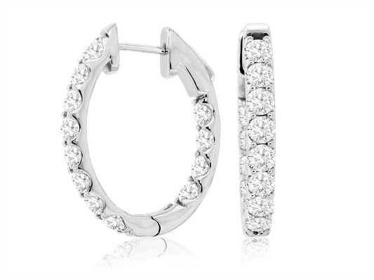 A 26mm pair of diamond hoop earrings, featuring 3.00 CT of sparkling diamonds set in 14K white gold, showcasing side and front views. Polished and elegant design by Royal Jewelry, Style # WC9827D.