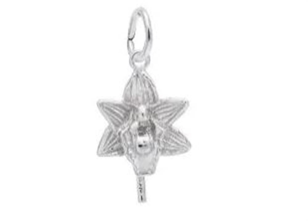 A Rembrandt Charms Orchid Flower Charm in sterling silver, shaped like a star and featuring intricate detailing reminiscent of an orchid flower, hangs from a small circular loop at the top.