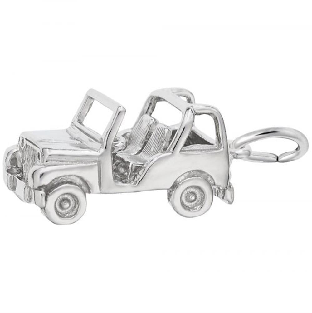 Introducing the Rembrandt Charms Off Road Vehicle Charm, crafted in sterling silver and shaped like an open-top off-road vehicle. This charm features a meticulously detailed interior, complete with seats and a steering wheel. A small loop is attached to the rear, making it perfect for adding to a bracelet or necklace.