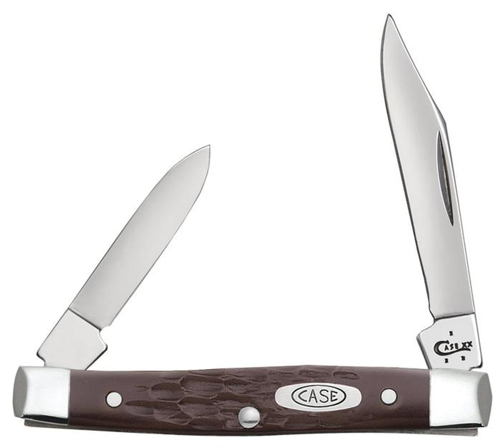 Introducing the Brown Synthetic Small Pen by W.R. Case & Sons Cutlery Co.: a folding pocket knife featuring two accessible blades—a smaller blade on the left and a larger blade on the right. The handle boasts a textured, brown synthetic surface adorned with a silver oval emblem engraved with the word "CASE.