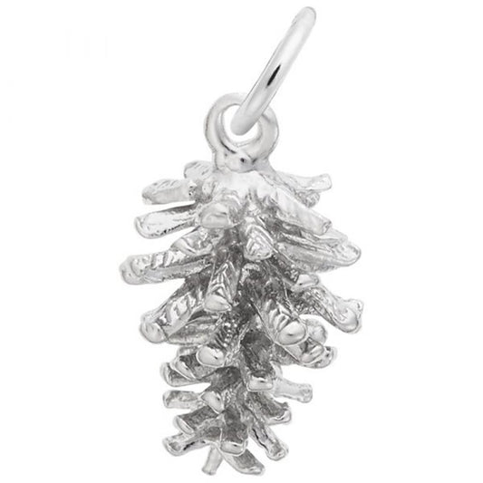 The Pine Cone Charm in Sterling Silver by Rembrandt Charms features a loop at the top for easy attachment to a necklace or bracelet. Its detailed design, with intricate scales and texture, closely mimics the appearance of a real pine cone.