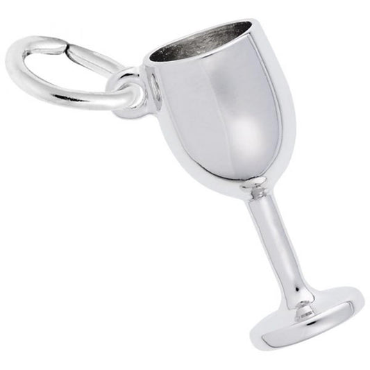 The Rembrandt Charms Wine Glass Charm, crafted from sterling silver, boasts a polished and reflective finish. This exquisite charm features intricate detailing on the stem and base and includes a small loop at the top for easy attachment to a bracelet or necklace, perfectly capturing the classic elegance of a wine glass.