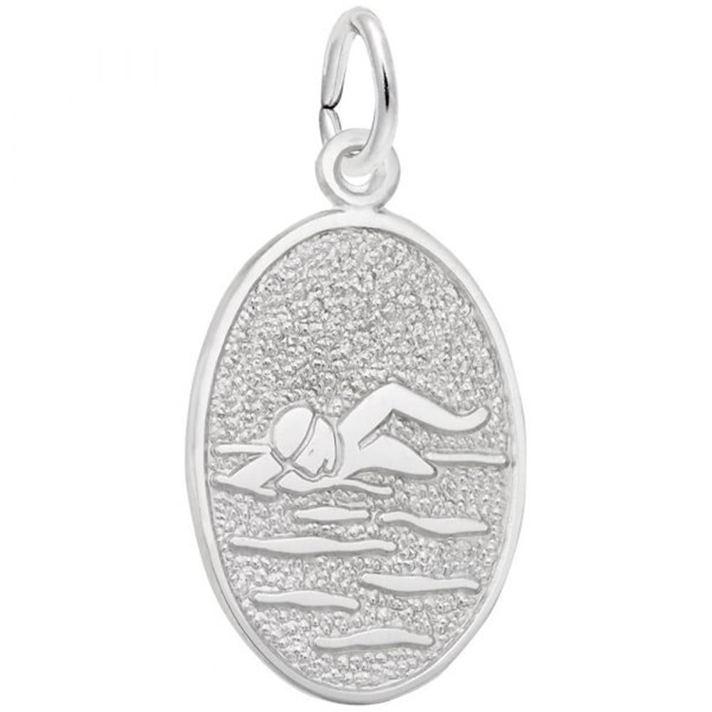 The Swimmer Charm by Rembrandt Charms is an oval-shaped pendant made of sterling silver. It prominently features a swimmer wearing a swim cap, depicted in relief against a textured background, performing the freestyle stroke above stylized waves. A small loop at the top facilitates easy attachment to any chain or necklace.