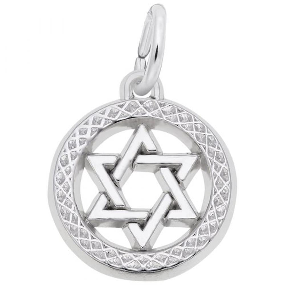 The Rembrandt Charms' Star Of David Charm in sterling silver showcases a beautifully designed Star of David nestled within a circular frame. The edge of the circle features an intricate diamond pattern texture, adding to its sophisticated appeal. At the top, a loop allows for easy attachment to your favorite chain or cord, making this disc charm both elegant and wearable.