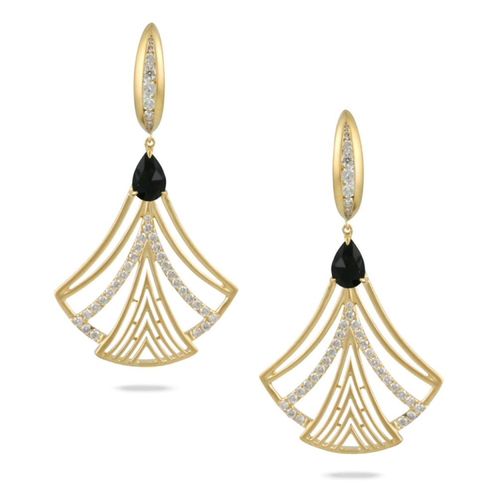 A pair of elegant 18KYG D78=1.01 BO=1.35 18K YELLOW GOLD DIAMOND EARRING WITH BLACK ONYX by Doves by Doron Paloma featuring black onyx teardrop-shaped gems at the center of a fan-shaped design. The earrings have intricate triangular patterns with embedded small white stones. The hooks, adorned with white stones, allow the earrings to dangle gracefully.