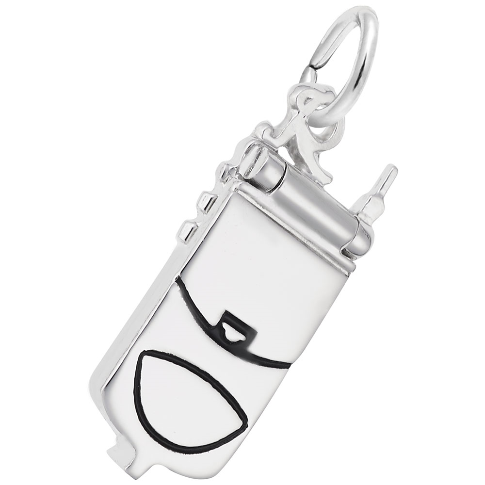 The Flip Phone Charm in Sterling Silver by Rembrandt Charms is designed to resemble a retro flip phone. This charm showcases a small antenna, buttons, and a clear distinction between the upper screen part and the lower keypad part. It also includes a loop at the top for easy attachment to a chain or bracelet.