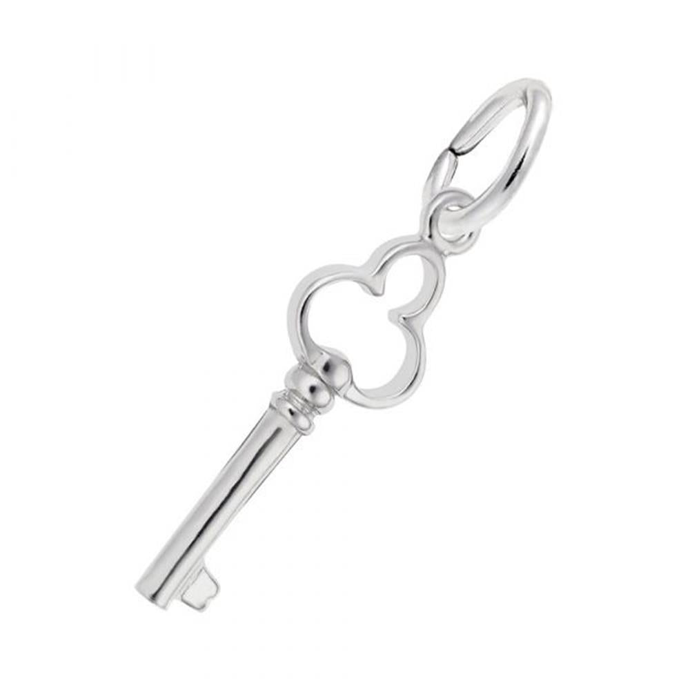 The Rembrandt Charms Key Charm in sterling silver features a distinctive three-lobed bow, a cylindrical shaft, and a small bit. This delicate and elegant charm includes a circular loop at the top for easy attachment to a chain or keyring.