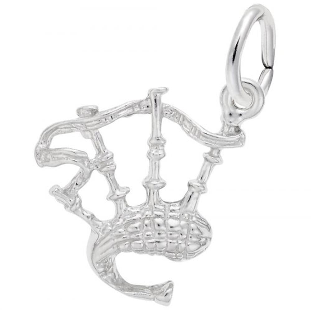 The image shows the Sterling Silver Bagpipes Charm from Rembrandt Charms. The charm is crafted in sterling silver and features a detailed design of bagpipes. It measures 0.61 inches by 0.56 inches (15.6 mm x 14.12 mm) and has the style number 0276. This charm is a perfect keepsake for music enthusiasts and those who appreciate Scottish culture.