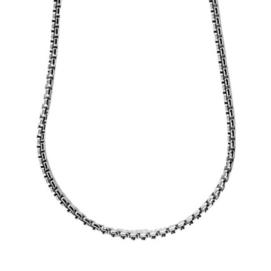 Image of a Rembrandt Charms Round Box Chain Necklace in 20 inches, crafted from sterling silver and displayed against a plain white background. This intricately woven chain necklace boasts interconnected links that exemplify a modern and elegant design, making it perfect for various occasions.