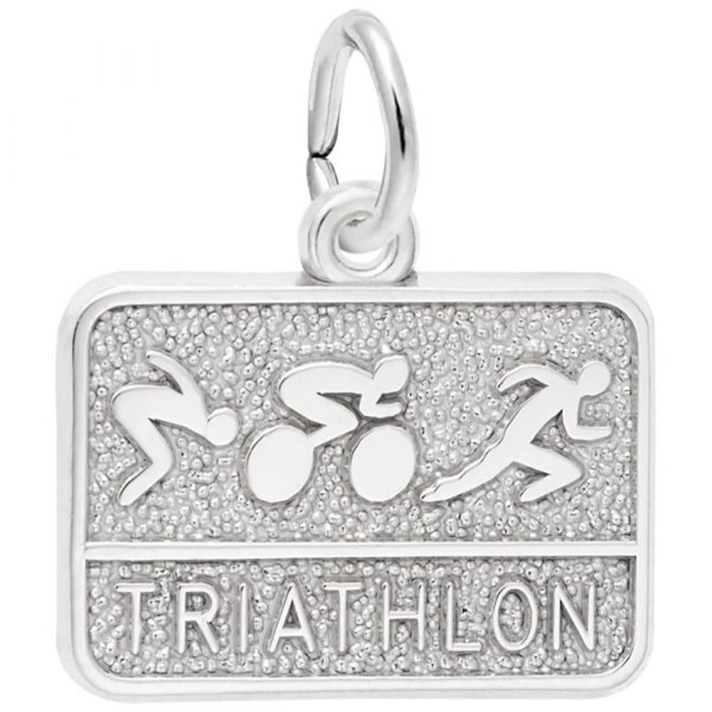 The Triathlon Charm by Rembrandt Charms features three embossed symbols representing a triathlon: swimming, cycling, and running. "TRIATHLON" is engraved at the bottom, set against a textured background with a loop for attaching to a chain—perfect as a charm. Crafted from Sterling Silver, it encapsulates the spirit of athleticism.