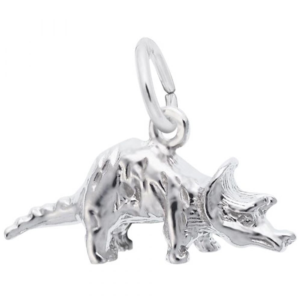 The Rembrandt Charms' Triceratops Charm in sterling silver features intricate detailing on the body and three distinctive facial horns, attached to a circular loop for hanging.