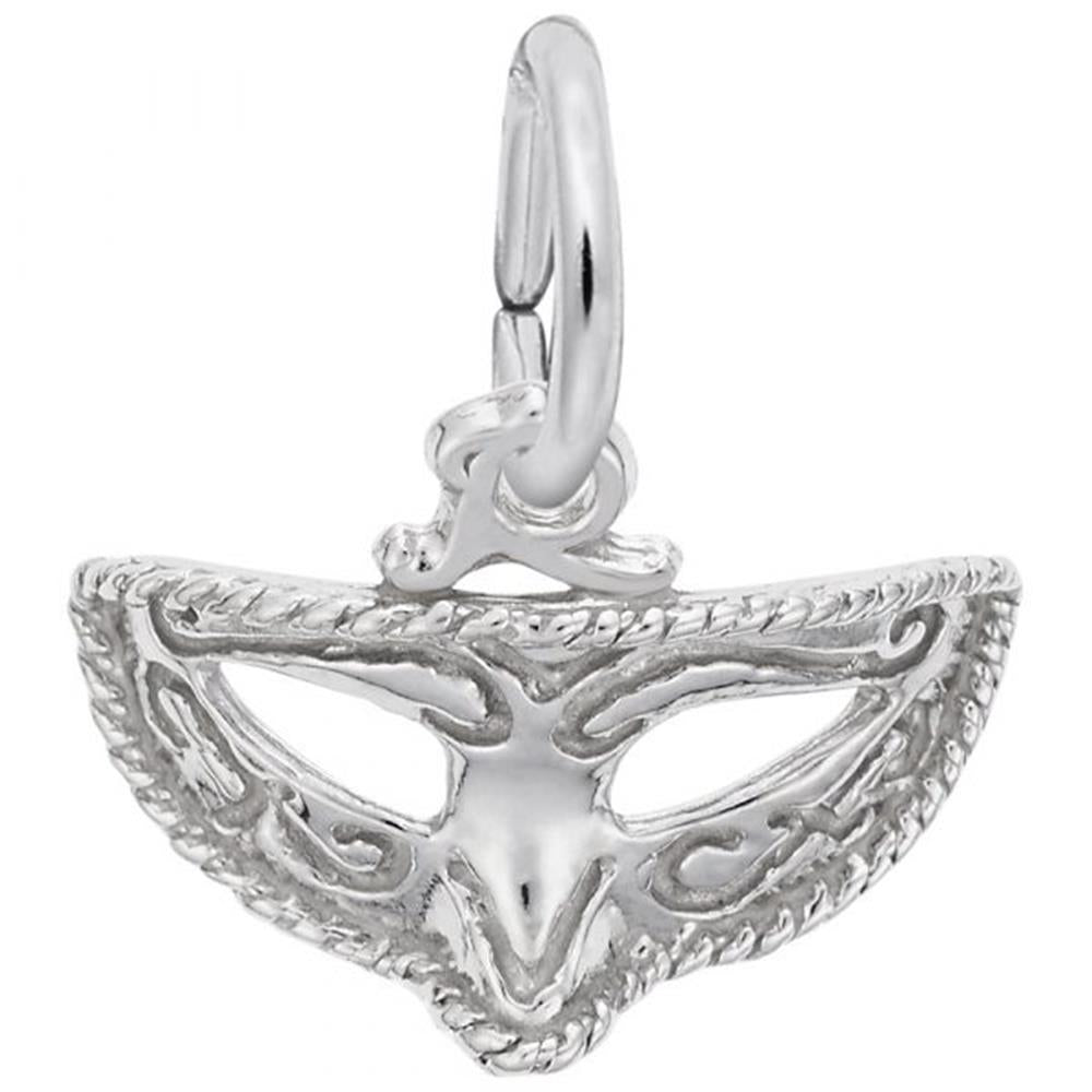 A close-up image of the Rembrandt Charms Mask, Mardi Gras Charm in sterling silver reveals intricate detailing. The charm boasts an oval loop on top for attaching to a bracelet or necklace. Perfect for Mardi Gras, the mask design includes cut-out eye holes and ornate patterns around the edges.