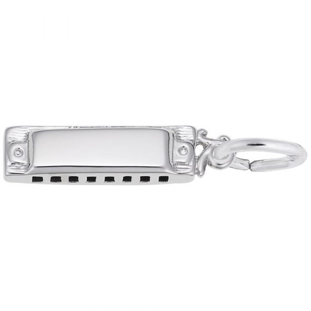 The image showcases the Rembrandt Charms Harmonica Charm in sterling silver, featuring intricate detailing. This small charm has a rectangular body with multiple holes and includes a loop for easy attachment to a chain or bracelet.