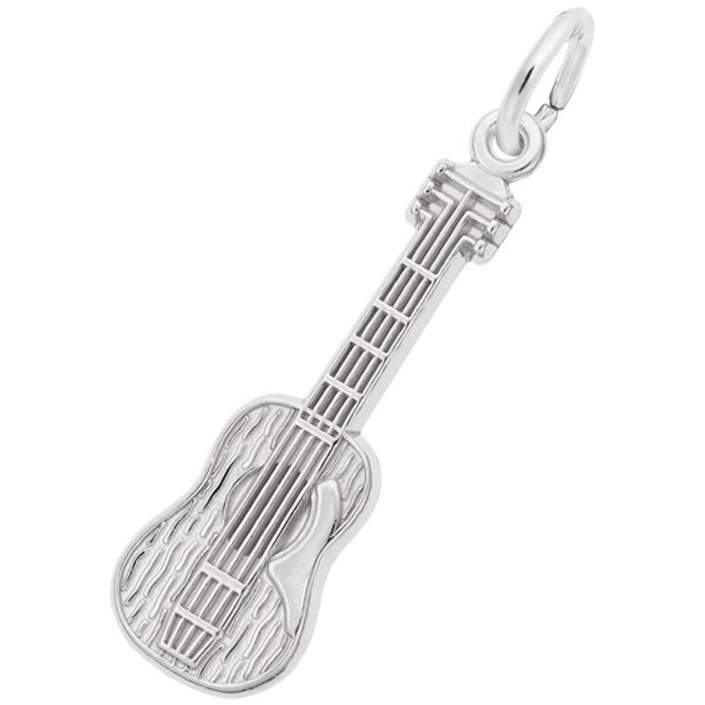 The Rembrandt Charms Acoustic Guitar Charm, crafted from sterling silver, features intricate detailing on the body and neck with music note patterns. Perfect for music lovers, this charm includes a small loop at the top for easy attachment to a bracelet or necklace.