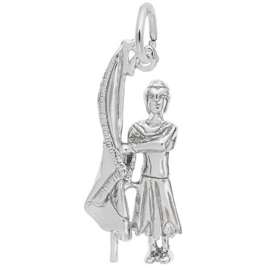 The Color Guard Charm by Rembrandt Charms is a sterling silver piece portraying a figure with short hair wearing a long dress or robe while holding a detailed harp. It features a loop at the top, perfect for attaching to a bracelet or necklace.