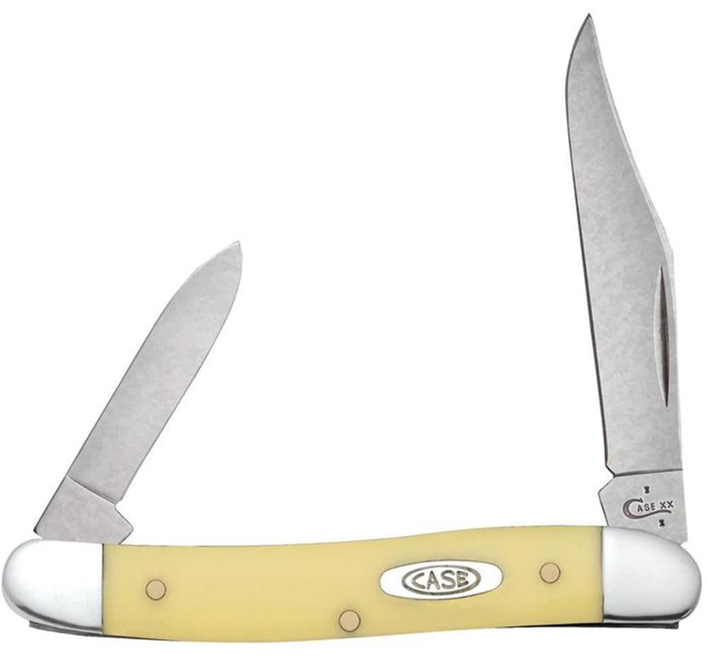 A W.R. Case & Sons Cutlery Co. Yellow Knife/Steel pocket knife features a yellow handle and two extended steel blades—one large and one small. The handle is adorned with a silver oval emblem engraved with "Case," and the knife's bolsters are polished silver.