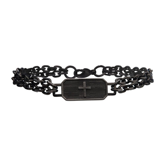 The Gun Metal IP Cross ID Plate with Double Chain Link Bracelet by INOX features a men's bracelet adorned with dual chains and a central rectangular plate highlighted by a cutout cross design. The plate's striped pattern adds texture to the overall double chain link bracelet design.