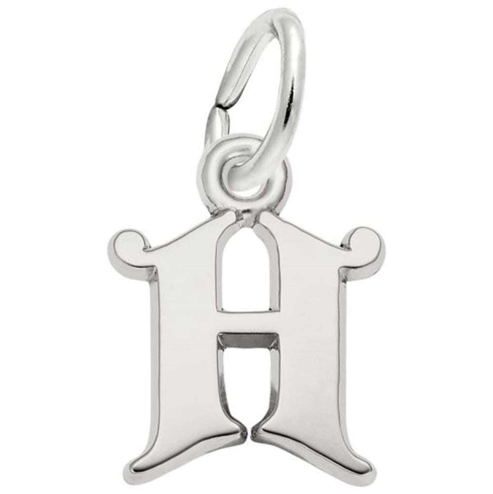 The Curly Initial H Charm by Rembrandt Charms features a beautifully polished sterling silver charm in the shape of the letter "H," complete with curved details on the top corners and a rounded attachment ring for easily connecting to a chain or bracelet.