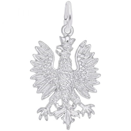 A Phoenix Charm / Sterling Silver by Rembrandt Charms. The phoenix-like eagle has outstretched wings, detailed plumage, a prominent beak, and a crown on its head. A loop at the top allows this charm to be easily attached to a chain.