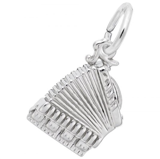 A small, intricately designed (**Accordion Charm / Sterling Silver**) in the shape of an accordion. The music jewelry piece from **Rembrandt Charms** features detailed ridges representing the bellows and buttons of the accordion, and a small loop at the top for attaching to a bracelet or necklace.