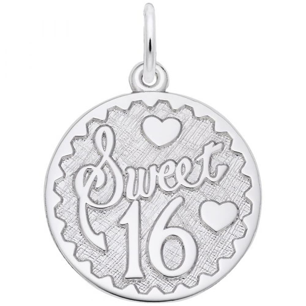 The Rembrandt Charms Sweet 16 Charm in sterling silver is a round piece featuring "Sweet 16" engraved in cursive, flanked by two small hearts. It has a textured background and a small loop at the top for easy attachment to a chain or bracelet.