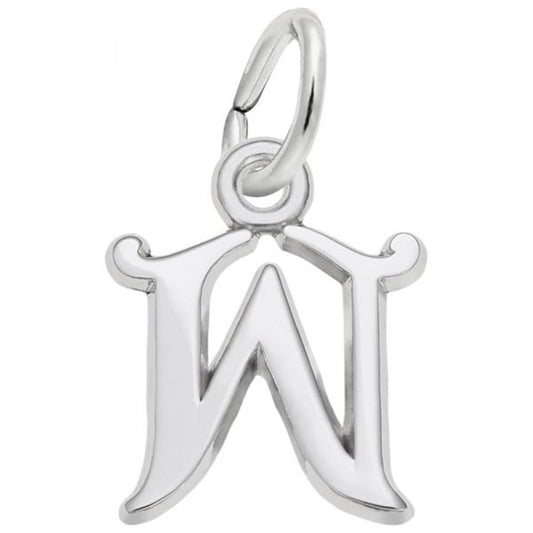 The Curly Initial W Charm by Rembrandt Charms is crafted from sterling silver and features a small loop at the top for easy attachment to a chain or bracelet. Its decorative curves at the edges add a touch of style to this charming piece.