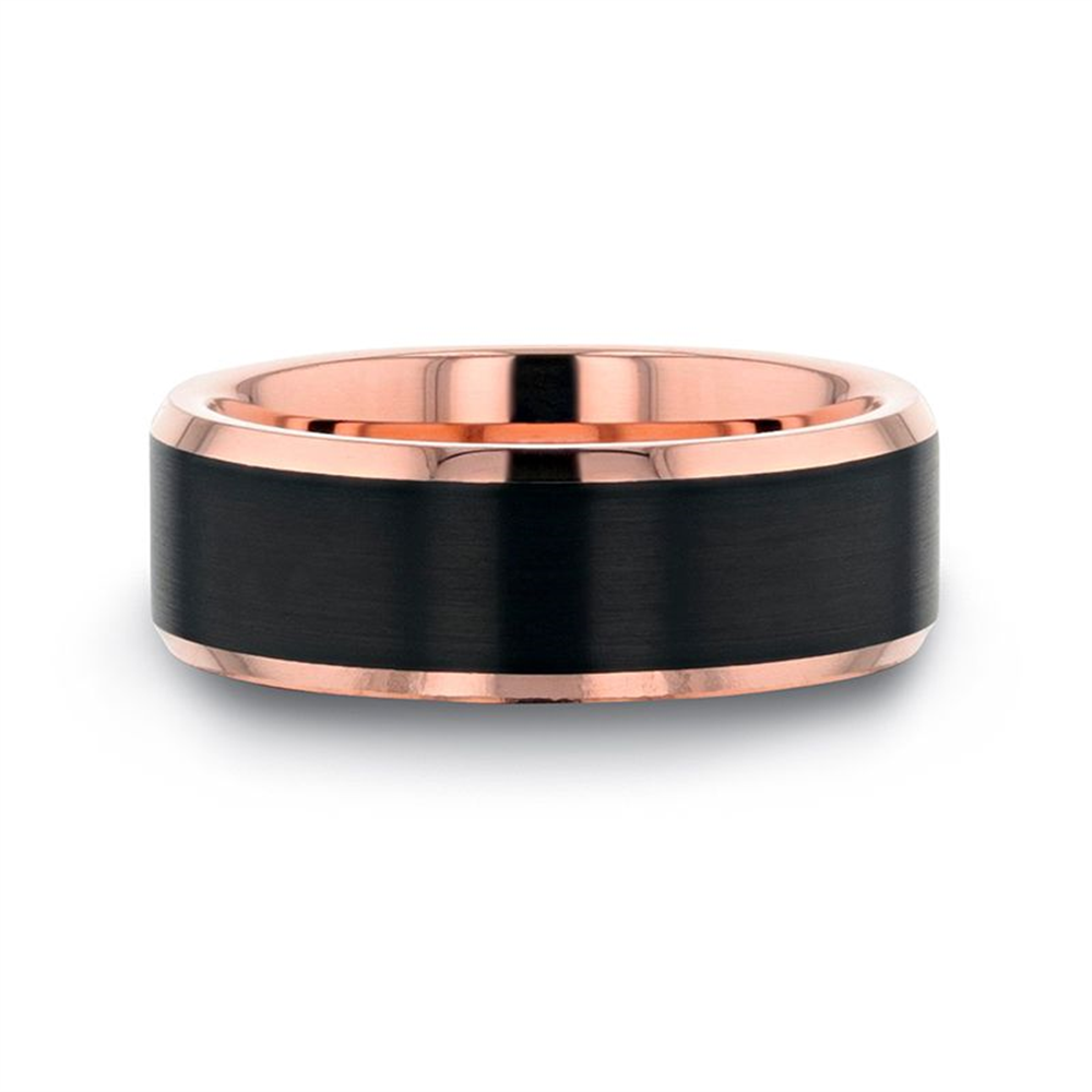 The Thorsten HAYDEN Rose Gold Plated Tungsten Ring, size 10 and 6mm wide, features a striking black brushed center with rose gold edges, offering a sleek, modern design and a high-polish finish on the interior.