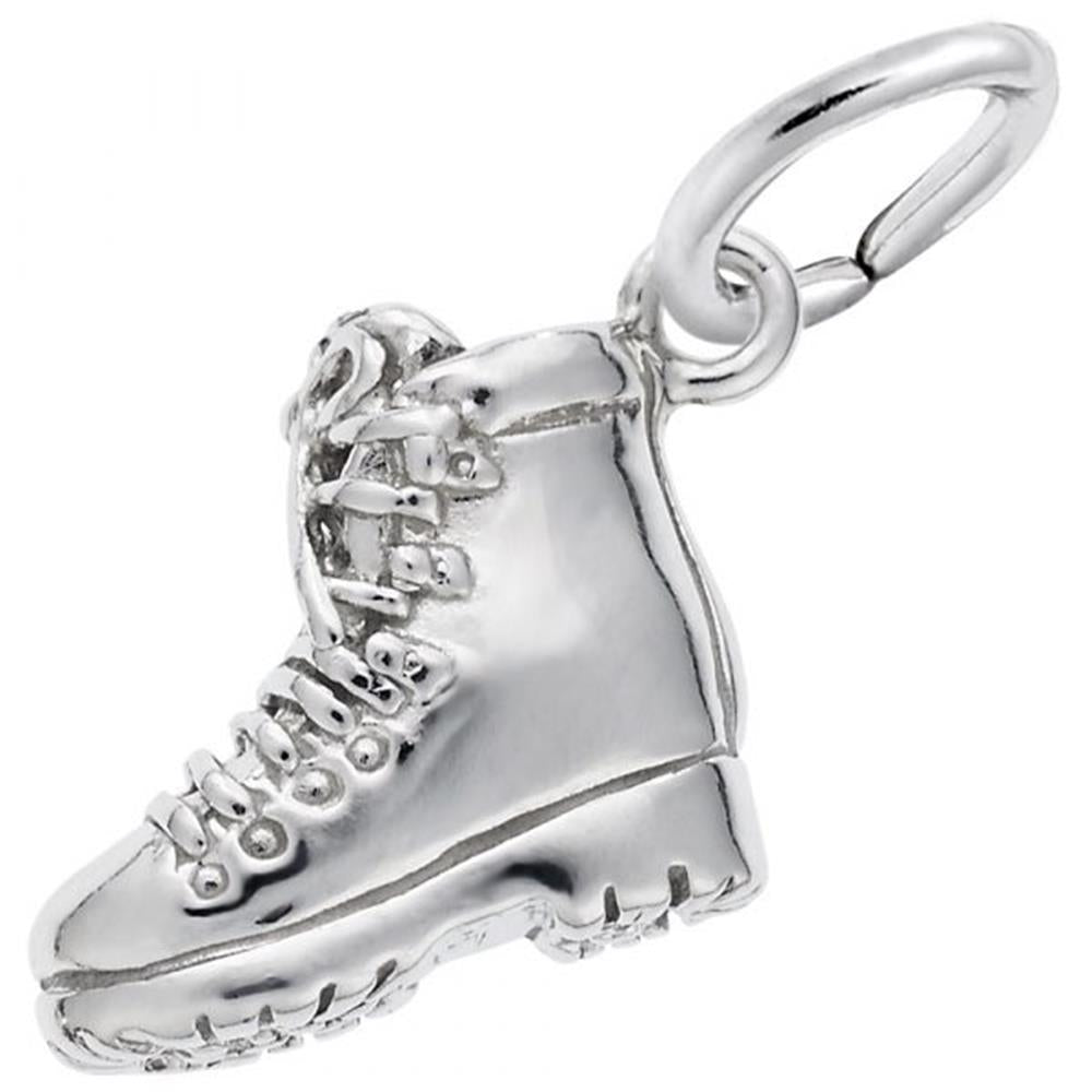 The Rembrandt Charms Hiking Boot Charm in Sterling Silver is a detailed charm shaped like a hiking boot, complete with laces, eyelets, and a treaded sole. It features a small loop on top for attaching to a bracelet or necklace.