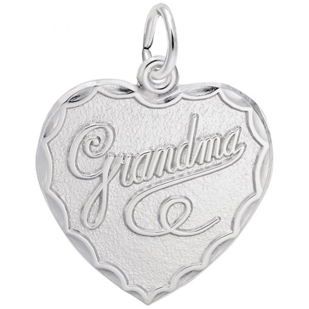 The Rembrandt Charms "Grandma Heart Charm" in Sterling Silver showcases an elegantly engraved "Grandma" at its center, accentuated by a scalloped border design. This heirloom piece also features a loop at the top for easy attachment to a chain.