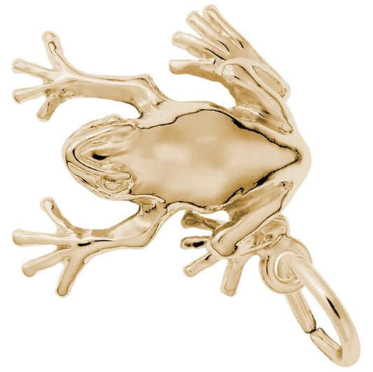 The Tree Frog Charm by Rembrandt Charms, made of sterling silver, is intricately designed with detailed legs and toes, lying flat on its stomach. The charm features a small loop at one end for attaching to a bracelet or necklace. The sterling silver finish gives it a shiny and polished appearance.