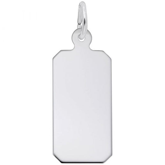 Introducing the Rembrandt Charms Engravable Dog Tag Charm, crafted from sterling silver. This shiny, rectangular pendant features rounded corners and a small loop at the top for easy attachment to a chain. Its smooth, reflective surface gives it an elegant dog tag appearance perfect for personalized engraving.