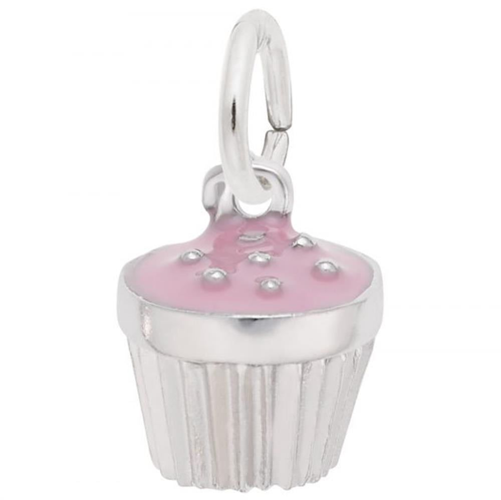 The Rembrandt Charms "Cupcake With Pink Frosting" Charm in sterling silver showcases a small design featuring pink icing and tiny silver dots on top. The charm boasts a shiny finish and includes a small loop for effortless attachment to bracelets or necklaces.