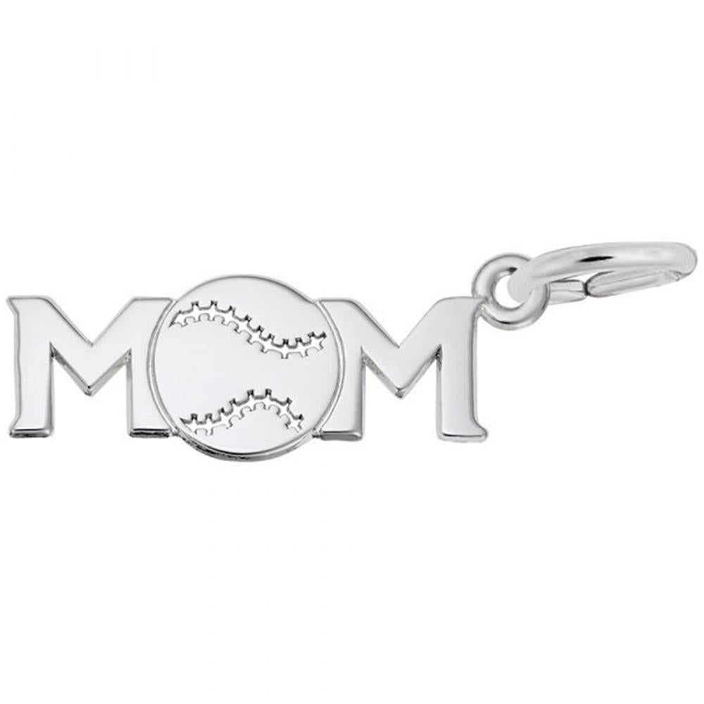 The Rembrandt Charms Baseball Mom Charm in Sterling Silver spells out "MOM," with the "O" replaced by a baseball design. This charming piece, ideal as a Baseball Mom Gift, features a small loop at the top for attaching to a chain or bracelet.