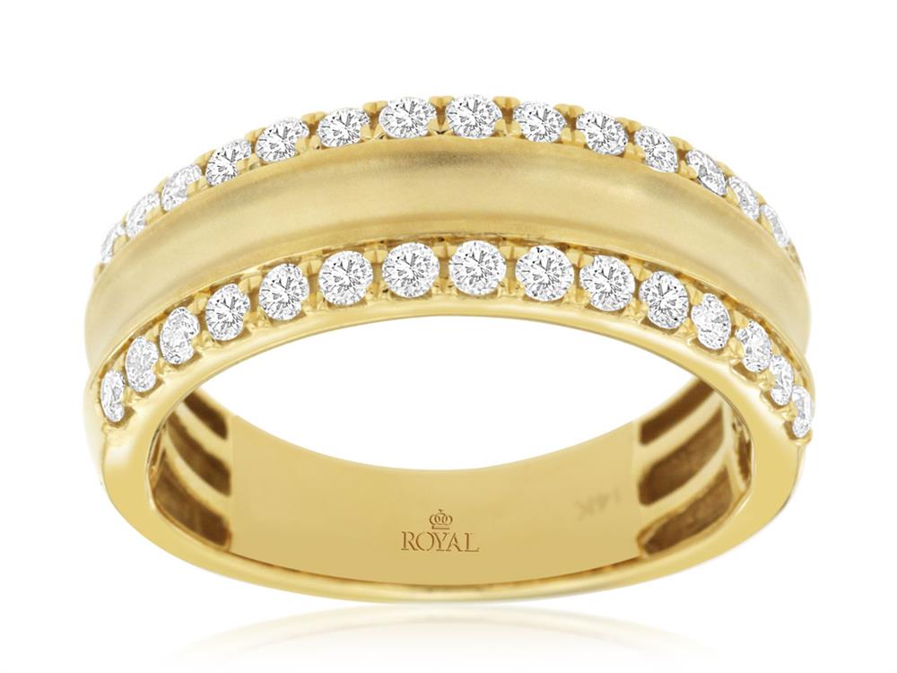 This exquisite 14k yellow gold men's diamond ring in size 10 features two rows of small diamonds along the edges. The smooth, matte center enhances its sophisticated charm, with "ROYAL" engraved inside the band for an added touch of regality, brought to you by Royal Jewelry.