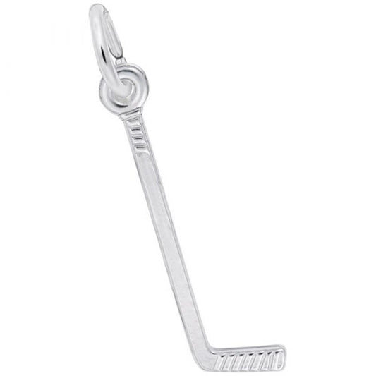 The Hockey Stick Charm by Rembrandt Charms is a sleek sterling silver piece with intricate engraved details, designed in the shape of a hockey stick. It features a small loop at the top for effortless attachment to any necklace or bracelet, making it an ideal addition for any sports enthusiast's collection.