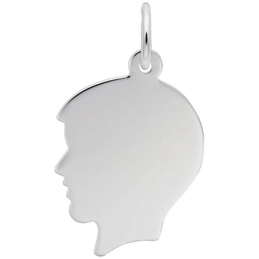 The Engravable Boy's Head Charm from Rembrandt Charms features a Sterling Silver child's profile, complete with detailed facial features and a distinct hairline. It includes a small round loop at the top for easy attachment to a necklace or bracelet, making it perfect for personalization.