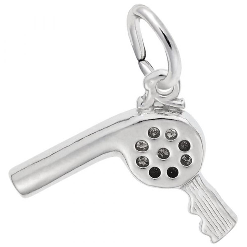 The Hair Dryer Charm by Rembrandt Charms, crafted from sterling silver, features small circular details on one side, resembling heating elements. It includes a loop at the top for easy attachment to a bracelet or necklace.