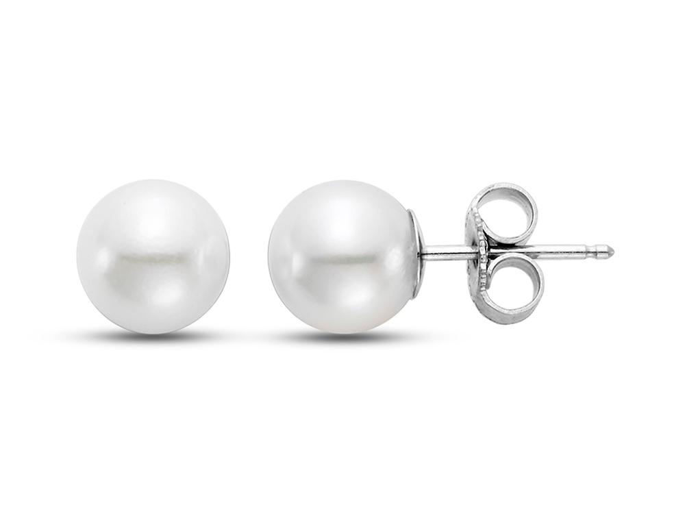 A pair of 6.5-7MM EAR "A" 14KT YG pearl stud earrings by Mastoloni Pearls, featuring silver posts and butterfly backs. One earring is shown from the front, presenting the smooth, round 6.5-7MM pearl, while the other is displayed from the side, highlighting the attachment mechanism against a white background.