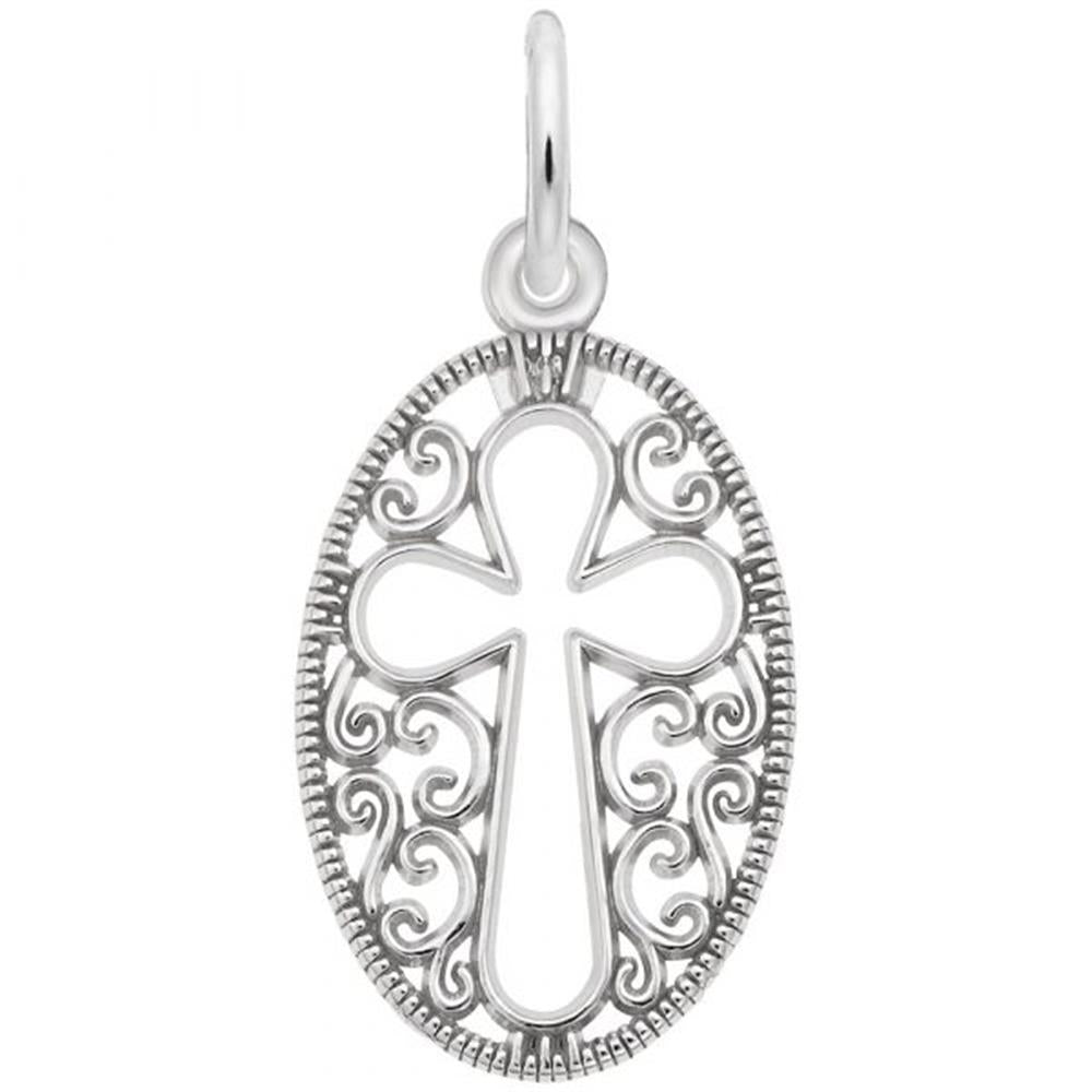 The Filigree Oval Cross Charm by Rembrandt Charms is a stunning Sterling Silver pendant in an oval shape, featuring an intricate border and a central cut-out cross design. This elegant charm has a small loop at the top for attaching to a chain.