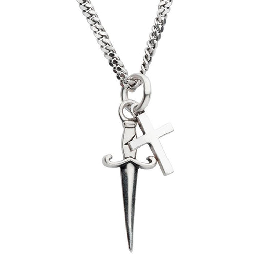 The Men's 925 Sterling Silver Oxidized Dagger & Cross Duo Pendant with Cur by INOX features a silver necklace adorned with two distinct pendants: a sleek, small dagger and an understated cross. The 925 sterling silver curb chain ensures that the pendants hang closely together, creating a unique and edgy look. This piece is perfect for showcasing the Dagger & Cross Duo Pendant design against a plain white background.