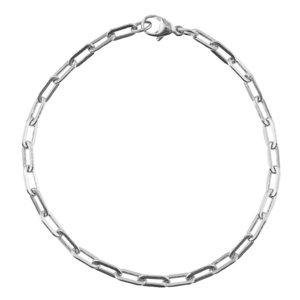 A delicate Rembrandt Charms bracelet, named "paperclip SMALL 7' - ss," features a silver chain with an oval link design resembling a paperclip pattern and is secured with a small lobster clasp, beautifully displayed on a white background.