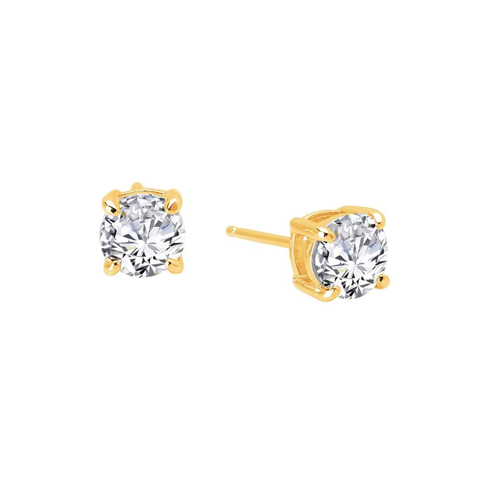 A pair of timeless Lafonn stud earrings featuring 2.50-carats of round-cut, simulated diamonds set in a classic four-prong yellow gold setting. These elegant earrings showcase the brilliance of the stones against their exquisite gold backdrop.