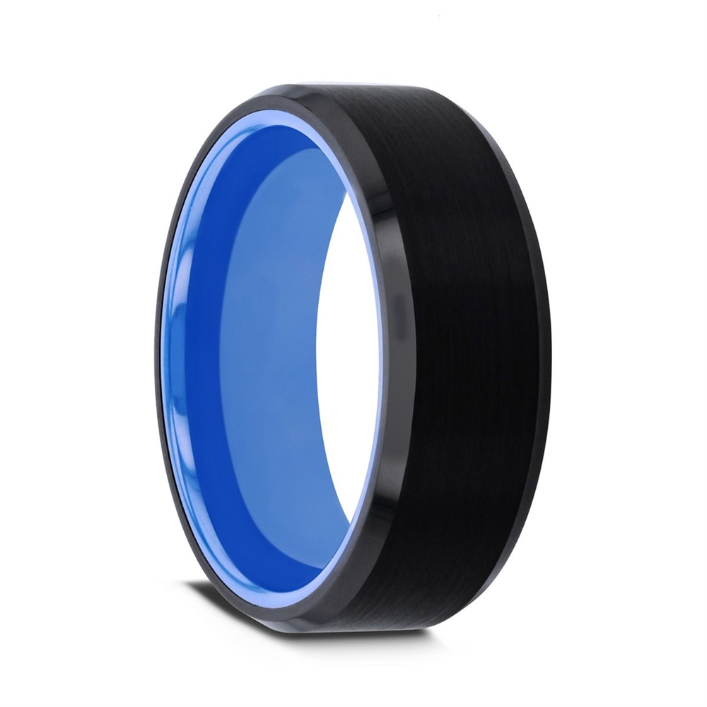 The Thorsten RIGEL Flat Beveled Edges Black Tungsten Ring boasts a sleek, brushed matte finish and a vibrant blue interior. Its clean edges and polished design exude modernity and style, while the contrasting blue interior against the black exterior creates a striking visual effect.