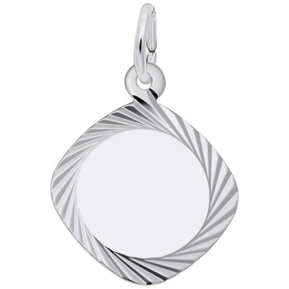 The Rembrandt Charms Square Disc Charm in sterling silver features a square shape with slightly rounded corners. It boasts a twisted, swirling pattern around the edges that leads to a smooth, blank center, and includes a small ring at the top for hanging.